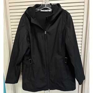 Free Tech Zip Up Jacket Size 1X (16W) Pockets Hood Black Fleece Lined Adj Waist